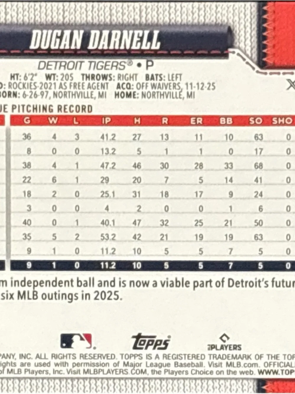 Topps Detroit Dugan Darnell Rookie Baseball Card